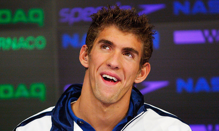 Michael Phelps smiling at press conference