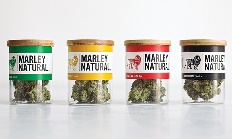 Lineup of four Marley Natural strains - indica, sativa, hybrid, and CBD - in their packaging